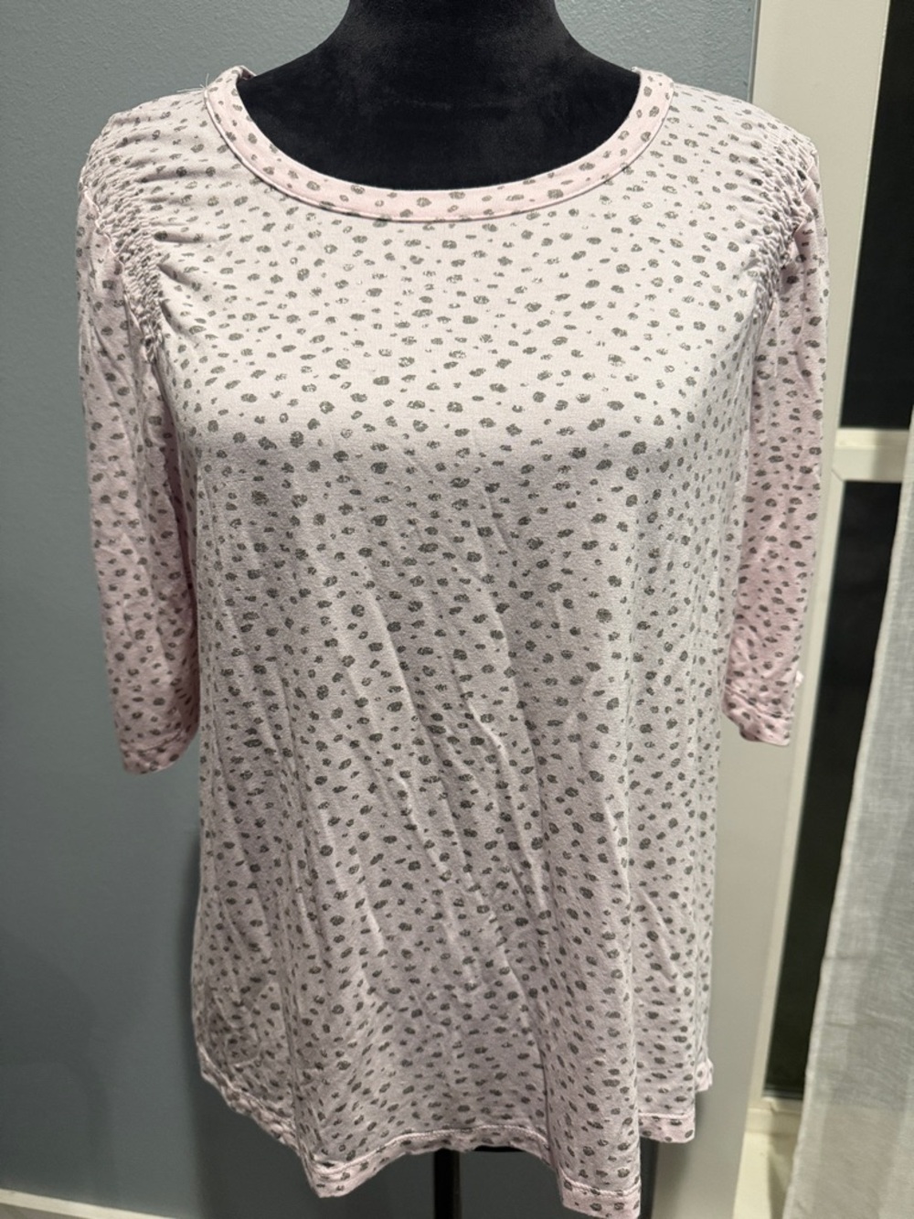 Democracy Light Pink Tee with Silver Dot Print Gathered Sleeve Detail L